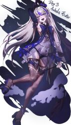  :d animal_charm aqua_eyes arm_behind_head arm_up armpits belly_chain black_hair black_nails black_panties black_thighhighs black_wings blonde_hair blue_bow blue_ribbon bow bowtie character_name charm_(object) covered_navel cross crown detached_sleeves dress english_text feathers female full_body gradient_hair hair_ornament head_wings high_collar highres holding huge_bowtie jellyfish jewelry lightning_bolt_print long_hair looking_at_viewer low_wings mini_crown mn374390 multicolored_hair night official_alternate_costume official_alternate_hairstyle open_mouth panties phase_connect platform_shoes purple_crown purple_shoes purple_streaks ribbon rinkou_ashelia rinkou_ashelia_(pride) see-through_clothes see-through_dress seven_deadly_sins shoes single_wing sky sleeveless sleeveless_dress smile solo star_(sky) starry_sky streaked_hair teeth thighhighs underwear upper_teeth_only virtual_youtuber white_background wing_hair_ornament wings 