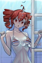  ? bare_shoulders bikini blush breasts collarbone commentary cuffs female hair_between_eyes handcuffs highres indoors kabal20k kasane_teto large_breasts looking_at_viewer navel open_mouth pool red_eyes red_hair striped_bikini striped_clothes surprised swimsuit twintails underwater upper_body utau variant_set water wet 