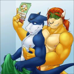  anthro bandai_namco barbell_piercing blue_body bowser_koopa_junior_(roommates) digimon digimon_(species) duo ear_piercing facial_piercing flamedramon giancarlo_rosato hair hasbro horn koopa male male/male mario_bros multicolored_body muscular muscular_male nintendo nipple_barbell nipple_piercing nipples nose_piercing nose_ring nude piercing red_hair ring_piercing roommates_(comic) scalie septum_piercing septum_ring smile stonecircle tail two_tone_body white_body yellow_body 