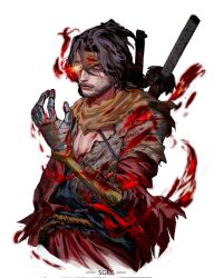  1boy arm_up bandaged_hand bandages beard black_hair blood blood_from_eyes closed_mouth commentary_request cropped_legs curtained_hair facial_hair glowing glowing_eye headband highres injury male_focus prosthesis prosthetic_arm rope_belt scarf sekiro sekiro:_shadows_die_twice sgkg108 short_hair shura_(sekiro) simple_background solo sword sword_on_back torn_clothes weapon weapon_on_back white_background yellow_headband yellow_scarf 