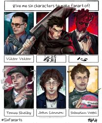  6+boys arm_up armor bandaged_arm bandages bee black_armor black_gloves black_hair black_hat black_jacket black_scarf blood blood_on_face blue_eyes blue_jacket blue_shirt bug buzz_cut character_name cigarette claw_hammer closed_mouth collared_shirt commentary cyberpunk_(series) cyberpunk_2077 dorohedoro earrings english_text facial_hair fingerless_gloves formula_one glasses gloves guts_(berserk) hammer hat helmet highres holding holding_cigarette holding_hammer holding_sword holding_unworn_helmet holding_weapon huge_weapon jacket jewelry john_lennon lapels layered_sleeves long_sleeves male_focus mask motorcycle_helmet multiple_boys multiple_drawing_challenge necklace newsboy_cap notched_lapels one_eye_closed open_collar parted_hair peaky_blinders piercing plug_(piercing) racing_suit real_life rectangular_eyewear red_eyes round_eyewear scarf sebastian_vettel sgkg108 shin_(dorohedoro) shirt short_hair six_fanarts_challenge smoke smoking suit_jacket sunglasses sword thick_eyebrows thomas_shelby unworn_headwear unworn_helmet very_short_hair viktor_vektor wavy_hair weapon white_shirt wing_collar 