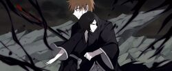 1boy aura bankai black_hair black_kimono bleach bleach:_fade_to_black blood blood_on_weapon brown_eyes closed_eyes commentary_request cowboy_shot dark_aura dirty dirty_face female from_side g_ieep holding holding_sword holding_weapon impaled japanese_clothes katana kimono korean_commentary kuchiki_rukia kurosaki_ichigo long_sleeves looking_afar medium_hair night orange_hair outdoors profile serious short_hair spiked_hair sword tensa_zangetsu_(bankai) upper_body v-shaped_eyebrows weapon wide_sleeves 