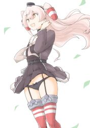  akara_kai amatsukaze_(kancolle) amatsukaze_kai_ni_(kancolle) black_dress black_panties bow bow_panties clothes_lift commentary_request dress feet_out_of_frame female garter_straps grey_hair grey_neckerchief hair_tubes hat highres kantai_collection mini_hat neckerchief panties red_thighhighs sailor_collar skirt skirt_lift smile smokestack_hair_ornament solo thighhighs two_side_up underwear white_sailor_collar wind wind_lift yellow_eyes 