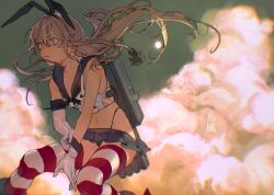  anchor_hair_ornament black_panties blonde_hair blue_skirt breasts character_name cloud commentary_request crop_top elbow_gloves female gloves hair_between_eyes hair_ornament hairband highleg highleg_panties highres kantai_collection long_hair microskirt millroi1000 navel neckerchief outdoors panties pleated_skirt sailor_collar shimakaze_(kancolle) skirt sky small_breasts solo striped_clothes striped_thighhighs thighhighs underwear white_gloves 