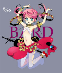  aqua_eyes armlet armpits arms_up bad_id bad_pixiv_id bard_(sekaiju) bard_2_(sekaiju) breasts character_name female floating_hair full_body gold_armlet gold_bracer grey_background instrument jewelry jumping kiguchi_(aprico) looking_at_viewer navel open_mouth red_shoes see-through_clothes sekaiju_no_meikyuu sekaiju_no_meikyuu_1 shoes small_breasts solo sword tambourine teeth twintails upper_teeth_only weapon 