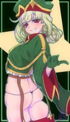  absurdres araga_kiwi ass black_panties blush commentary_request female gloves green_hat green_jacket hat highres jacket leoparde_(mahou_shoujo_ni_akogarete) looking_at_viewer mahou_shoujo_ni_akogarete military_hat mole mole_under_eye no_pants ootori_karen panties smile solo underwear 