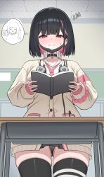  absurdres ass_visible_through_thighs black_choker black_hair black_mask black_panties black_skirt black_survival black_thighhighs blush book cameltoe cardigan choker clenched_teeth colored_inner_hair commentary_request desk ear_piercing earphones_around_neck earrings eternal_return:_black_survival female half-closed_eyes highres holding holding_book jewelry korean_commentary marlene_(after_school)_(black_survival) marlene_(black_survival) mask mouth_mask_under_chin multicolored_hair necktie panties pantyshot parted_lips piercing pink_hair pink_necktie red_eyes school_desk shirt short_hair skirt sleeves_past_wrists speech_bubble squiggle sweatdrop teeth thighhighs thought_bubble underwear unnunal_(unneonal) white_shirt yellow_cardigan zettai_ryouiki 