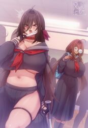  2girls @_@ absurdres ahoge antenna_hair backpack bag baseball_bat black_collar black_sailor_collar black_serafuku black_shirt black_skirt black_socks blouse breasts brown_hair classroom closed_eyes coke-bottle_glasses collar crop_top crowd delinquent earrings fingerless_gloves flying_sweatdrops glasses gloves hair_between_eyes hair_intakes hanabi_ember highres huge_breasts indoors jewelry long_hair long_hair_between_eyes long_skirt long_sleeves low_twintails mask mask_pull masuku_rise mature_female midriff mole mole_under_eye mouth_mask multiple_girls navel neckerchief no_bra no_panties oerba_yun_fang original pleated_skirt red_eyes red_neckerchief revealing_clothes ryncka sailor_collar school_uniform serafuku shirt side_slit skirt socks stud_earrings sukeban surgical_mask surprised thigh_strap thighs twintails underboob very_long_hair white_mask 