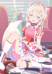  absurdres after_sex alternate_costume animal_collar animal_ear_fluff animal_ears arm_support bag bandaid bandaid_hair_ornament bandaid_on_knee bandaid_on_leg belt_collar blonde_hair blue_eyes blush boots breasts buttons checkered_floor clumsy collar commentary_request criss-cross_halter crossed_bangs crying crying_with_eyes_open diner dog_ears dog_girl dog_tail double-breasted double-parted_bangs female full_body hair_between_eyes hair_intakes hair_ornament halterneck handbag high-waist_skirt highres hinata_hirune hololive hololive_english indoors kneehighs legwear_garter looking_at_viewer maid_headdress mococo_abyssgard multicolored_hair oerba_yun_fang pink_hair red_skirt roller_skates short_hair signature skates skin_fang skirt small_breasts socks soda_bottle solo spill streaked_hair striped_clothes striped_skirt tail tearing_up tears two_side_up underbust vertical-striped_clothes vertical-striped_skirt vertical-striped_sleeves virtual_youtuber waitress white_boots white_skirt white_socks x_hair_ornament 