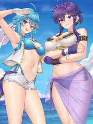  2girls absurdres ahoge arm_up armlet armor armpits beach bikini bikini_armor blue_bikini blue_hair breasts cleavage commission commissioner_upload crossed_arms day earrings fingerless_gloves fire_emblem fire_emblem:_genealogy_of_the_holy_war flower flower_on_head gloves headband highleg highleg_bikini highres if_they_mated igni_tion jacket jewelry larcei_(fire_emblem) looking_at_viewer mother_and_daughter multiple_girls navel ocean open_fly original purple_eyes purple_hair selia_(mrtalkingdino) short_hair short_shorts shorts side-tie_bikini_bottom sidelocks sleeveless sleeveless_jacket smile stomach swimsuit swimsuit_cover-up thighs tomboy white_headband 