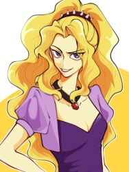  adagio_dazzle adagio_dazzle_(human) aegyo_sal blonde_hair breasts cleavage collarbone colored_skin commentary cropped_jacket curtained_hair eyes_visible_through_hair female gem grin hair_tie high_ponytail highres jacket jewelry lower_eyelashes_only mianzhijinbushicezhi my_little_pony my_little_pony:_equestria_girls my_little_pony:_friendship_is_magic necklace open_clothes open_jacket outline ponytail puffy_short_sleeves puffy_sleeves purple_eyes purple_jacket purple_shirt raised_eyebrow red_gemstone shirt short-sleeved_jacket short_sleeves sidelocks simple_background small_breasts smile solo symbol-only_commentary two-tone_background upper_body upturned_eyes wavy_hair white_background white_outline yellow_background yellow_skin 