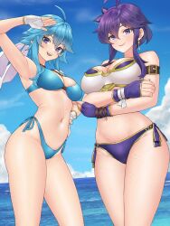  2girls absurdres ahoge arm_up armlet armor armpits beach bikini bikini_armor blue_bikini blue_hair breasts cleavage commission commissioner_upload crossed_arms day earrings fingerless_gloves fire_emblem fire_emblem:_genealogy_of_the_holy_war flower flower_on_head gloves headband highleg highleg_bikini highres if_they_mated igni_tion jewelry larcei_(fire_emblem) looking_at_viewer mother_and_daughter multiple_girls navel ocean original purple_eyes purple_hair selia_(mrtalkingdino) short_hair side-tie_bikini_bottom sidelocks smile stomach swimsuit thighs tomboy white_headband 