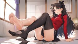  barefoot black_hair black_skirt black_thighhighs blue_eyes blush breasts dysoor fate/stay_night fate_(series) female full_body hair_ribbon highres indoors looking_at_viewer medium_breasts no_shoes otakueden1995 panties pantyshot red_sweater ribbon single_thighhigh sitting skirt solo sweater thighhighs thighs toes tohsaka_rin turtleneck turtleneck_sweater two_side_up underwear white_panties window 
