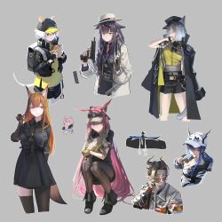 2boys 6+girls :t absurdres animal animal_ears arknights arm_behind_back backpack bag baseball_cap black_coat black_gloves black_hat black_jacket black_shoes black_shorts black_skirt blue_hair blue_shirt breasts brown_gloves brown_hair brown_pantyhose brown_thighhighs burger cat_ears cat_girl cat_tail ch&#039;en_(arknights) ch&#039;en_the_holungday_(arknights) chewing chongyue_(all-round_actor)_(arknights) chongyue_(arknights) cleavage click_(arknights) coat coat_on_shoulders cropped_legs delphine_(arknights) dragon_horns elbow_gloves eyewear_on_head fingerless_gloves food fox_ears fox_girl fox_tail franka_(arknights) gloves grey_background gun hat highres holding holding_animal holding_burger holding_food holding_gun holding_weapon holster horns jacket jessica_(arknights) jessica_the_liberated_(arknights) jessica_the_liberated_(ride_to_davistown)_(arknights) kusami_toka_naku_au long_hair looking_to_the_side mask mouse_ears mouse_tail multicolored_hair multiple_boys multiple_girls orange-tinted_eyewear orange_eyes orange_hair outline pantyhose parted_bangs pink_hair playing_with_own_hair purple_eyes purple_hair rabbit_ears ray_(arknights) red-tinted_eyewear sandbeast_(arknights) sattou_(style) shirt shoes short_hair shorts simple_background single_leg_pantyhose single_thighhigh skirt squatting streaked_hair tail thighhighs tinted_eyewear track_jacket u-official_(arknights) ulpianus_(arknights) very_long_hair visor_cap weapon white_coat white_hair white_hat white_jacket wiping_mouth yellow_gloves yellow_shirt 