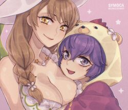  2girls :d animal_hood bear_hood bernadetta_von_varley bernadetta_von_varley_(summer) bikini blush braid breasts brown_hair cheek-to-breast cleavage closed_mouth commentary english_commentary fire_emblem fire_emblem:_three_houses fire_emblem_engage fire_emblem_heroes goldmary_(fire_emblem) goldmary_(summer)_(fire_emblem) grey_eyes hat hood hug jewelry large_breasts long_hair looking_at_viewer multiple_girls necklace official_alternate_costume open_mouth purple_bikini purple_hair short_hair smile sun_hat swimsuit symoca upper_body white_bikini yellow_eyes 