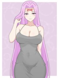  absurdres arm_behind_back blush breasts cleavage closed_mouth collarbone covered_navel cowboy_shot dani_(angrymatthew) dongtan_dress duplicate eyebrows_hidden_by_hair eyes_visible_through_hair facial_mark facing_viewer fate/grand_order fate/stay_night fate_(series) female forehead_mark highres large_breasts long_bangs long_hair looking_at_viewer medusa_(fate) medusa_(rider)_(fate) meme_attire out_of_frame parted_bangs playing_with_own_hair purple_background purple_eyes purple_hair smile solo standing very_long_hair 