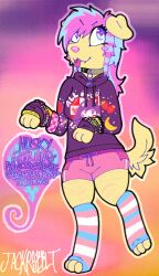  2025 4lung absurd_res anthro apple banana bottomwear breasts canid canine canis clothing coontail_hair domestic_dog english_text eyelashes female food fruit grape green_apple hi_res hoodie jackrabbit_(artist) leaf legwear lgbt_pride lgbt_pride_month mammal mari_(omori) mullet neopronouns nonbinary_(lore) omori_(game) orange_(fruit) piercing plant pride_color_clothing pride_color_legwear pride_colors print_clothing print_hoodie print_topwear pronouns scar self-harm_scars shorts signature solo sparklefur standing strawberry text text_on_clothing text_on_hoodie text_on_topwear tongue tongue_out tongue_piercing topwear trans_(lore) trans_man_(lore) transgender_pride_colors 
