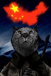  amx32 army_uniform china chinese chinese_text clothed clothing dawn_(disambiguation) digital_drawing_(artwork) digital_media_(artwork) english_text felid feline fur gun hi_res male mammal markings night original_character pantherine ranged_weapon snow_leopard snow_mountain solo spots spotted_body spotted_fur spotted_markings standing text weapon weapon_on_back 