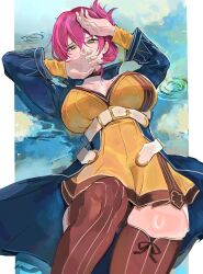  absurdres belt blue_coat boots breasts brown_boots coat commentary commission dress eiyuu_densetsu english_commentary eyelashes female hair_between_eyes highres large_breasts lying on_back outside_border overcoat pillarboxed pink_hair sara_valestein sen_no_kiseki_(series) sen_no_kiseki_i si_(sitisi_28) skeb_commission solo sweat yellow_dress yellow_eyes 
