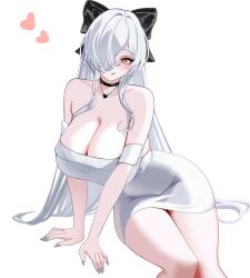 absurdres black_choker black_ribbon breasts choker cinderella_(beautiful_me)_(nikke) cinderella_(nikke) cleavage dongtan_dress dress female goddess_of_victory:_nikke grey_dress grey_nails hair_over_one_eye hair_ribbon heart heart_necklace highres huge_breasts jewelry long_hair meme_attire necklace official_alternate_costume red_eyes ribbon solo thighs velmillix very_long_hair white_hair 
