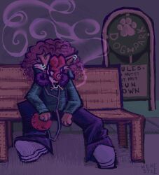  absurd_res afro anthro bench canid canine canis clothing dog_park domestic_dog footwear hi_res hybrid juggalo lobo_(werehouse) male mammal multiple_piercings park_bench piercing platform_footwear platform_shoes racism shoes smoking solo walkman werehouse wolfdog 