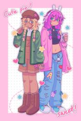  2girls :o alternate_skin_color animal_charm animal_ear_headphones animal_ears aubrey_(birthday)_(omori) aubrey_(faraway)_(omori) aubrey_(omori) back-to-back basil_(birthday)_(omori) basil_(faraway)_(omori) basil_(omori) black_shirt blue_bow blue_eyes blue_nails blue_pants blue_ribbon blue_shoes blush body_freckles boots border bow braid breasts brown_boots brown_hat brown_overalls brown_socks cardigan closed_mouth clothes_writing collared_shirt colored_eyelashes commentary copyright_name crop_top cropped_shirt dark-skinned_female dark_skin denim donuqx english_text fake_animal_ears fingernails floral_print flower forest_bunny?_(omori) freckles genderswap_(mtf) green_cardigan hair_flower hair_ornament hair_over_shoulder hairbow hand_up hat headphones heart highres holding holding_hands holding_phone hood hood_down hooded_cardigan jeans knee_boots kneehighs lace-up_boots long_hair midriff mole mole_under_eye mole_under_mouth mr._plantegg_(omori) multicolored_nails multiple_girls nail_polish navel newsboy_cap official_alternate_costume official_alternate_hairstyle omori open_cardigan open_clothes open_mouth outline outside_border overalls pants phone pink_border pink_cardigan pink_flower pink_hair pink_nails pocket polka_dot polka_dot_background purple_nails rabbit_ear_headphones ribbon rule_63 shirt shoes simple_background single_bare_shoulder sleeveless sleeveless_shirt small_breasts smile socks star_(symbol) symbol-only_commentary torn_clothes torn_jeans torn_pants twin_braids twitter_username white_background white_outline white_shirt yellow_nails 