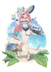 :d absurdres angelica_(epic_seven) bag bare_legs bare_shoulders beach bikini blue_bikini blue_bow blue_eyes blue_sky bow braid breasts briefcase cloud collarbone crab cup day dead_10001 detached_sleeves drink drinking_glass drinking_straw epic_seven female flower food frilled_bikini frills fruit full_body hairbow hat hat_bow hat_flower highres holding holding_bag holding_cup ice knees_together_feet_apart leaf legs lemon lemon_slice long_hair long_sleeves looking_at_viewer low-tied_long_hair navel ocean open_mouth outdoors pink_hair puffy_long_sleeves puffy_sleeves sand sandals seashell see-through_clothes see-through_sleeves shell sky small_breasts smile solo standing starfish stomach suitcase summer sun_hat swimsuit thigh_strap thighs toes twin_braids very_long_hair water white_bikini white_flower 