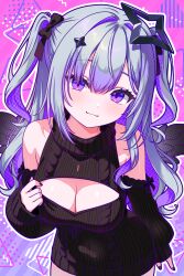  amane_konata angel angel_wings black_nails black_ribbon black_sweater breasts cleavage_cutout closed_mouth clothing_cutout commentary diamond_hair_ornament female finn_flint hair_ribbon halo highres hololive large_breasts looking_at_viewer meme_attire nail_polish purple_eyes ribbon smile solo star_halo sweater symbol-only_commentary turtleneck turtleneck_sweater virgin_killer_sweater virtual_youtuber wings 