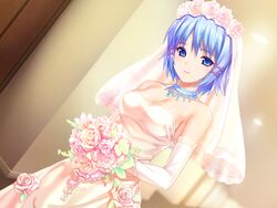  1girls bare_shoulders blue_eyes blue_hair breasts bride cleavage cute female female_only flower flower_crown flower_in_hair himuro_rikka human human_only koutaro looking_at_viewer medium_breasts pov pov_eye_contact skindentation smile smiling smiling_at_viewer solo solo_female standing tropical_kiss wedding wedding_dress wholesome 