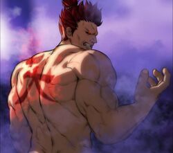  1boy akuma angry capcom cloudy gouki human human_only hydaria male male_only muscular muscular_male red_hair safe simple_background solo_male street_fighter 天 