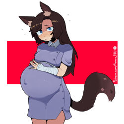  1:1 2026 animal_humanoid bandage bandaged_arm blue_eyes blush blush_lines brown_hair brown_inner_ear brown_tail clothing digital_drawing_(artwork) digital_media_(artwork) dress english_description equid equid_humanoid equine equine_humanoid female hair hi_res horse_humanoid humanoid humanoid_hands inner_ear_fluff light_body light_skin long_hair looking_at_viewer mammal mammal_humanoid navel outie_navel pregnant pregnant_female pregnant_humanoid purple_clothing purple_dress saucehou solo standing tail tan_inner_ear_fluff tuft 