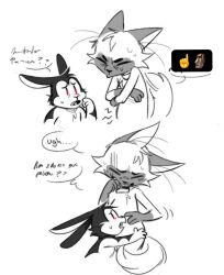  2026 absurd_res anthro bodily_fluids bunnicula bunnicula_(series) chester_(bunnicula) closed_eyes collar cramp digital_media_(artwork) domestic_cat duo emoji fangs felid feline felis fur hair half-closed_eyes hi_res hug lagomorph leporid long_ears looking_at_another male male/male mammal narrowed_eyes pregnant pregnant_anthro pregnant_male question_mark rabbit romantic romantic_couple sharp_teeth siamese_cat size_difference standing sweat tail teeth vampire viat_on worried 