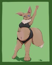  4:5 anthro big_breasts bigbelly blackbra bottomwear bra breasts canid canine clothing eevee fat_belly female filled_belly fluffy generation_1_pokemon hi_res mammal nintendo pokemon pokemon_(species) pregnant pregnant_female shirt shorts snakewolf solo sport standing topwear underwear vore zubastik 