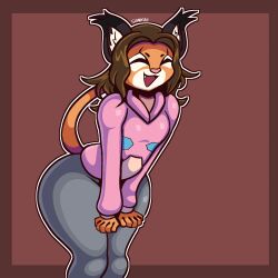 1:1 animated animated anthro ass belly big_belly big_butt bottomwear breasts brown_body brown_fur brown_hair caracal caracal_(genus) clothing derocrossh felid feline female fur genderfluid_(lore) hair hi_res hoodie huge_belly lime_(limefloppa) mammal nonbinary_(lore) open_mouth pants short_playtime smile solo sweatpants tail teeth thick_thighs topwear 