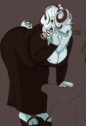  anthro ass belly bent_over big_belly big_breasts big_butt blue_body blue_hair bodily_fluids breasts bugzthepug candy chocolate clothed clothing dessert eyewear female food fur glasses hair hi_res huge_belly huge_breasts huge_thighs humanoid lagomorph leporid mammal markings maya_(bugzthepug) mint_fur mole_(marking) multicolored_body multicolored_fur neck_tuft overweight ponytail rabbit ring scut_tail short_tail solo sweat sweatdrop tail thick_thighs tuft wearing_glasses 