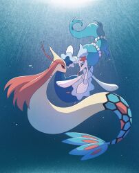  2026 ambiguous_gender aquatic asterozoan black_spots black_stripes blue_background blue_eyes blue_hair blue_tail duo echinoderm feral gem generation_3_pokemon generation_7_pokemon hair hi_res kungttang milotic nintendo pink_hair pink_nose pokemon pokemon_(species) primarina red_eyes simple_background spots starfish starfish_(accessory) stripes swimming tail tan_body underwater water white_body white_fin 