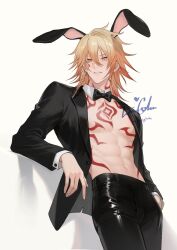  1boy abs alternate_costume animal_ear_hairband animal_ears black_bow black_bowtie black_jacket black_pants blonde_hair bow bowtie braid chest_tattoo commentary cowboy_shot detached_collar facial_tattoo fake_animal_ears gradient_hair hair_between_eyes hairband hand_in_pocket highres honkai:_star_rail honkai_(series) iorighin jacket looking_at_viewer male_focus male_playboy_bunny medium_hair multicolored_hair mydei_(honkai:_star_rail) open_clothes open_jacket pants rabbit_ear_hairband rabbit_ears red_hair red_tattoo side_braid simple_background solo tattoo toned toned_male twitter_username watermark white_background yellow_eyes 