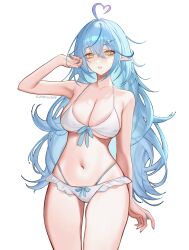  absurdres ahoge artist_name bare_arms bare_shoulders bikini blue_hair blue_nails blush breasts cleavage commission cowboy_shot crossed_bangs elf evangellium female frilled_bikini frills hair_between_eyes hair_ornament hairclip hand_up hashtag-only_commentary heart heart_ahoge highleg highleg_bikini highres hololive large_breasts layered_bikini long_hair looking_at_viewer nail_polish navel parted_lips pointy_ears simple_background solo standing stomach string_bikini swimsuit teeth underboob very_long_fingernails very_long_hair virtual_youtuber white_background white_bikini yellow_eyes yukihana_lamy 