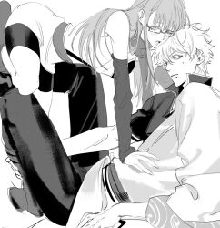  1boy blunt_bangs closed_mouth female fovopobo gintama greyscale hair_behind_ear hair_between_eyes hand_on_another&#039;s_stomach high_collar highres japanese_clothes kimono long_hair looking_at_viewer monochrome open_mouth pants sakata_gintoki sarutobi_ayame sash short_hair sweatdrop 