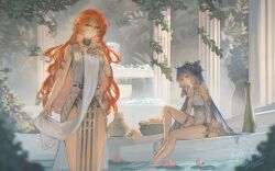  2girls absurdres agito_(agitoishere) ahoge ancient_greek_clothes augusta_(wuthering_waves) bare_legs bare_shoulders blue_eyes blue_hair breasts commentary_request dress earrings greco-roman_clothes head_wreath highres iuno_(wuthering_waves) jewelry large_breasts legs long_hair multiple_girls orange_eyes orange_hair parted_lips pelvic_curtain signature sitting sun_earrings thigh_strap thighs very_long_hair white_dress wuthering_waves 