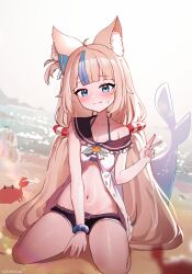  animal_ear_fluff animal_ears black_shorts blonde_hair blue_eyes blue_hair cat_ears cat_girl dress female fins fish_tail full_body highres indie_virtual_youtuber kneeling kotodekun long_hair multicolored_hair navel open_clothes open_dress sameko_saba shark_girl shark_tail short_shorts shorts single_bare_shoulder single_off_shoulder solo streaked_hair tail v very_long_hair virtual_youtuber white_dress 