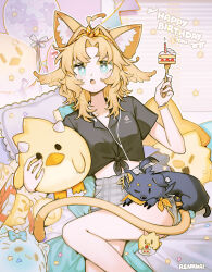  ahoge alternate_costume animal_ear_fluff animal_ears artist_name balloon bed_sheet black_shirt blonde_hair cake cake_slice canine cat_ears cat_girl cat_tail commentary doki_amber_doge_(dokibird) dokibird_(vtuber) dragoon_(dokibird) earphones_around_neck english_commentary english_text feather_hair female food fork gift green_eyes grey_shorts highres holding holding_fork holding_stuffed_toy indie_virtual_youtuber pink_background plaid_clothes plaid_shorts renkkai shirt short_hair short_sleeves shorts solo striped_background stuffed_toy tail tied_shirt virtual_youtuber wisps_(mint_fantome) 