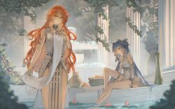  2girls agito_(agitoishere) ahoge ancient_greek_clothes augusta_(wuthering_waves) bare_legs bare_shoulders blue_eyes blue_hair breasts commentary_request dress earrings greco-roman_clothes head_wreath highres iuno_(wuthering_waves) jewelry large_breasts legs long_hair multiple_girls orange_eyes orange_hair parted_lips pelvic_curtain signature sitting sun_earrings thigh_strap thighs very_long_hair white_dress wuthering_waves 