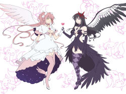  2girls akemi_homura akuma_homura argyle_clothes argyle_thighhighs black_dress black_hair black_wings bow breasts cleavage collarbone dress elbow_gloves frilled_dress frills full_body futa_yuri_ryona gloves hairbow heart high-low_dress high_heels holding_hands kaname_madoka kyuubee long_hair mahou_shoujo_madoka_magica mahou_shoujo_madoka_magica:_hangyaku_no_monogatari multiple_girls pink_hair pink_thighhighs purple_thighhighs red_bow short_twintails speech_bubble thighhighs twintails ultimate_madoka white_dress white_gloves white_wings wings yuri 