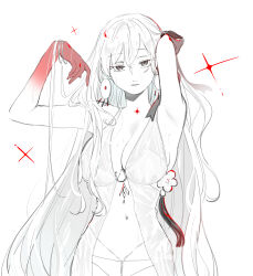  arms_up bare_shoulders belly_chain breasts cleavage colored_skin commentary durga_(fate) durga_(first_ascension)_(fate) earrings fate/grand_order fate_(series) female finanshe gradient_skin hair_ribbon highres indian indian_clothes jewelry large_breasts long_hair looking_at_viewer monochrome navel panties parted_lips partially_colored red_eyes red_skin revealing_clothes ribbon shadow solo stomach underwear very_long_hair white_background white_panties 