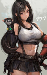  bare_shoulders black_hair black_skirt black_sports_bra breasts collarbone crop_top earrings elbow_gloves elbow_pads female final_fantasy final_fantasy_vii final_fantasy_vii_remake fingerless_gloves gloves highres jewelry large_breasts long_hair low-tied_long_hair miche midriff pleated_skirt red_eyes single_arm_guard single_elbow_pad skirt smile solo sports_bra straight_hair suspender_skirt suspenders swept_bangs tank_top teardrop_earrings tifa_lockhart white_tank_top 