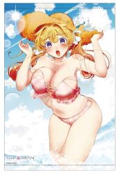  absurdres beach bikini blonde_hair blue_sky blush breasts cloud cloudy_sky female filter-goshi_no_kanojo hands_up hat highres koto_mitsuha large_breasts long_hair looking_at_viewer navel official_art oomsz open_mouth pink_bikini purple_eyes sky solo straw_hat surprised swimsuit twintails very_long_hair water 