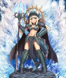  absurdres adapted_costume animal_costume animal_ears animal_hood armor armored_boots atlantis bikini bikini_armor blonde_hair blue_eyes blue_sash blue_streaks boots bracer cape cat_ears cat_girl catfish chainmail commission commissioner_upload crossover doom:_the_dark_ages doom_(series) doom_eternal energy_weapon fantasy female fins fish fish_girl fish_tail fur_collar gold gold_halo green_armor halo halo_behind_head happy highres hip_armor holding holding_polearm holding_staff holding_weapon hood huge_weapon loincloth multicolored_hair ocean polearm queen sameko_saba sash science_fiction shark shark_costume shark_girl shark_hood shark_tail sharp_teeth shoulder_armor smile spiked_halo staff substance20 swimsuit tail teeth trident water waves weapon 