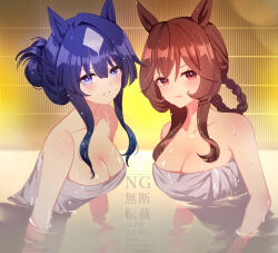  2girls animal_ears bare_shoulders blue_hair breasts brown_hair cleavage collarbone gentildonna_(umamusume) hair_bun hair_rings horse_ears large_breasts light_blush long_hair looking_at_viewer medium_breasts multiple_girls naked_towel onsen open_mouth outdoors partially_submerged purple_eyes red_eyes romi_(346_ura) short_hair smile steam towel umamusume verxina_(umamusume) water watermark wet wet_hair 