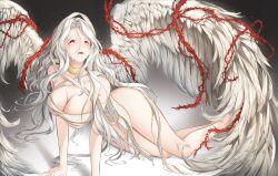  absurdres angel angel_wings arm_support armpit_crease arucoro bare_shoulders barefoot black_background breasts cleavage collarbone colored_eyelashes curvy female full_body hair_between_eyes hand_on_ground highres hood large_breasts last_origin light_particles long_hair looking_ahead looking_at_viewer lying on_side open_mouth parted_bangs parted_lips ramiel_(last_origin) revealing_clothes ribbon ribbon_as_bra shadow solo teeth thick_eyelashes thorns torn_clothes torn_ribbon underboob upper_teeth_only very_long_hair wavy_hair white_eyelashes white_hair white_ribbon wings 